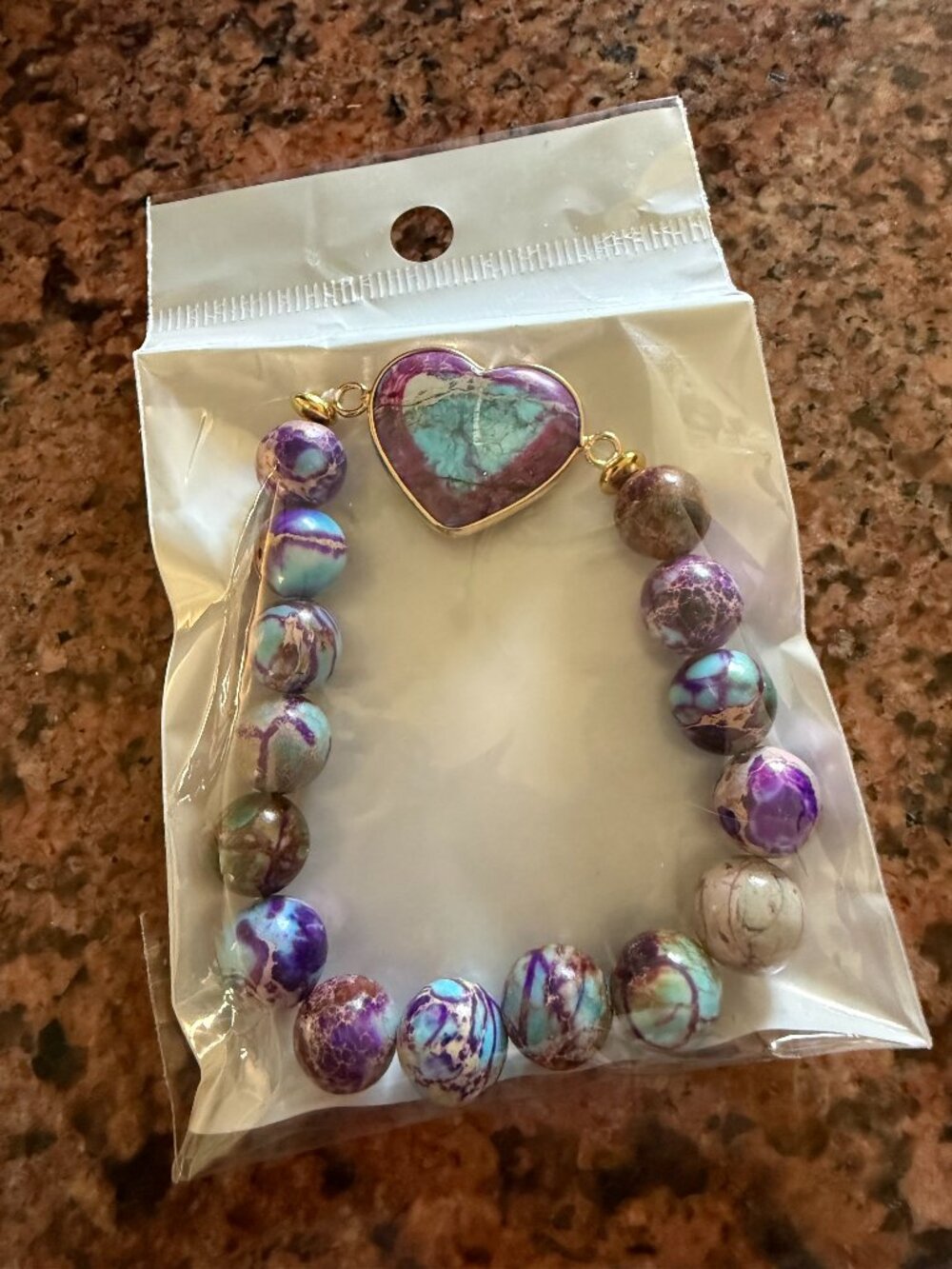 Heart Shaped Stone Bracelet Natural Jewelry Beads w/Gold Bohemian Style Gift